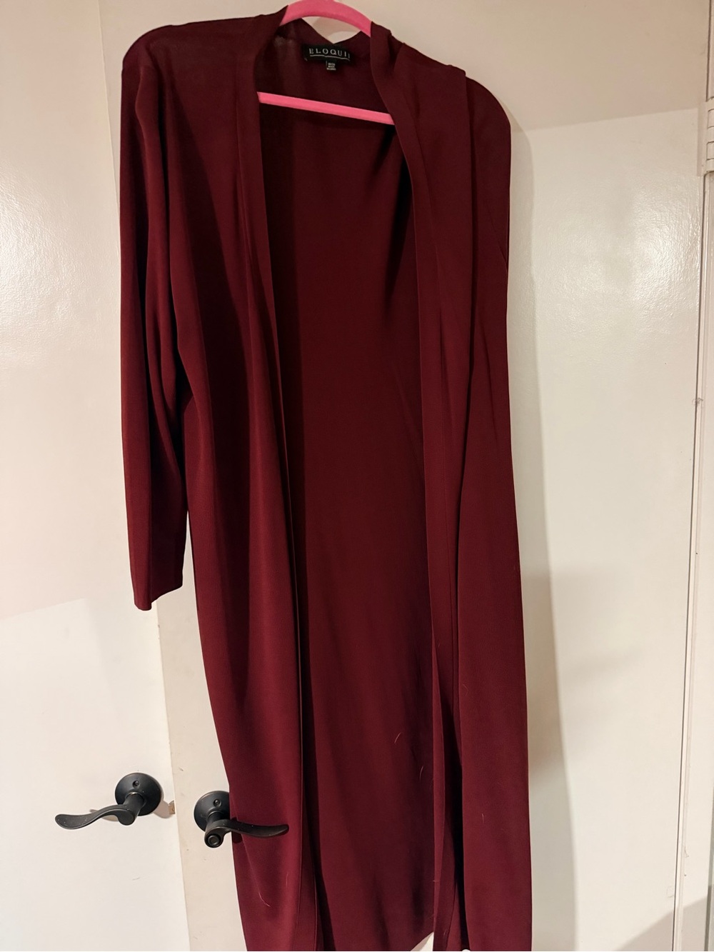 Eloquii Long Open-Front Maxi Cardigan Duster in Wine